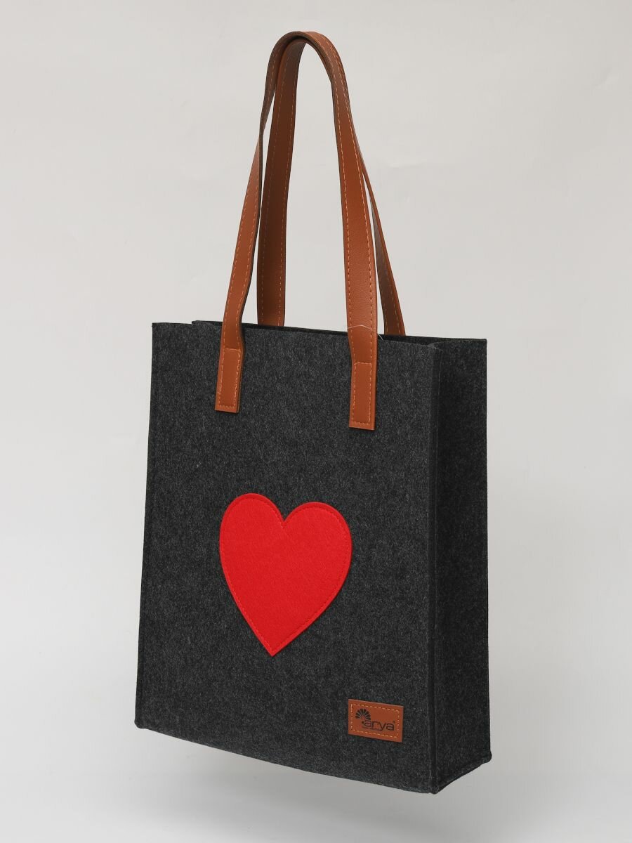 фото Сумка шоппер с красным сердцем фетровая 30X10x35 Corazon Серый