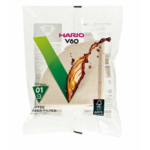 Фильтры Hario V60 размер 01 для заваривания кофе 1-2 чашки неотбеленные упак 100 шт 1075₽