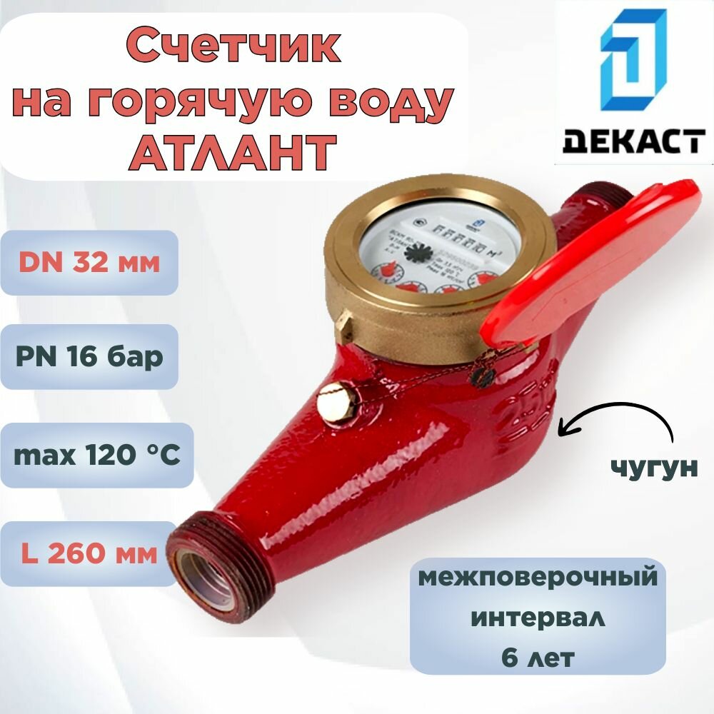 Счетчик для воды холодной и горячей Декаст ВСКМ 90-32 атлант, универсальный, с комплектом штуцеров, 1шт/уп