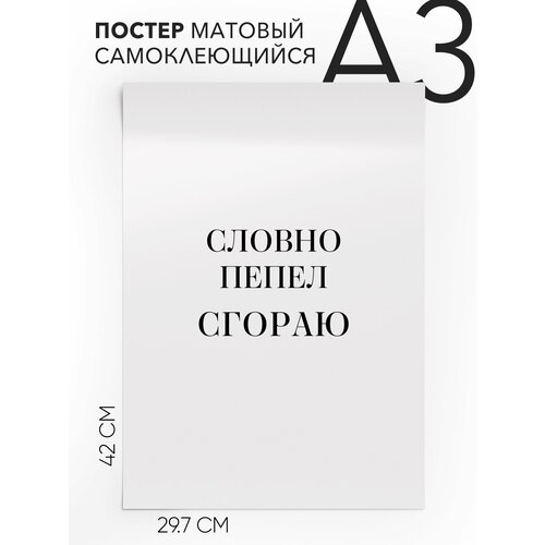 Постер интерьерный на стену - интерьерная Словно пепел сгораю, Самоклеящийся, 30х40, А3