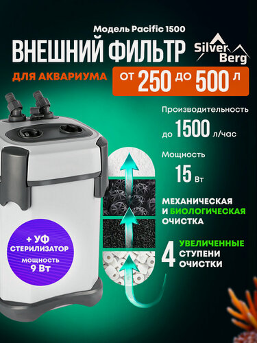 Изображение товара Внешний фильтр для аквариума 250-500л, с аэрацией, с УФ стерилизатором, Silver Berg Pacific 1500 UV, канистровый фильтр