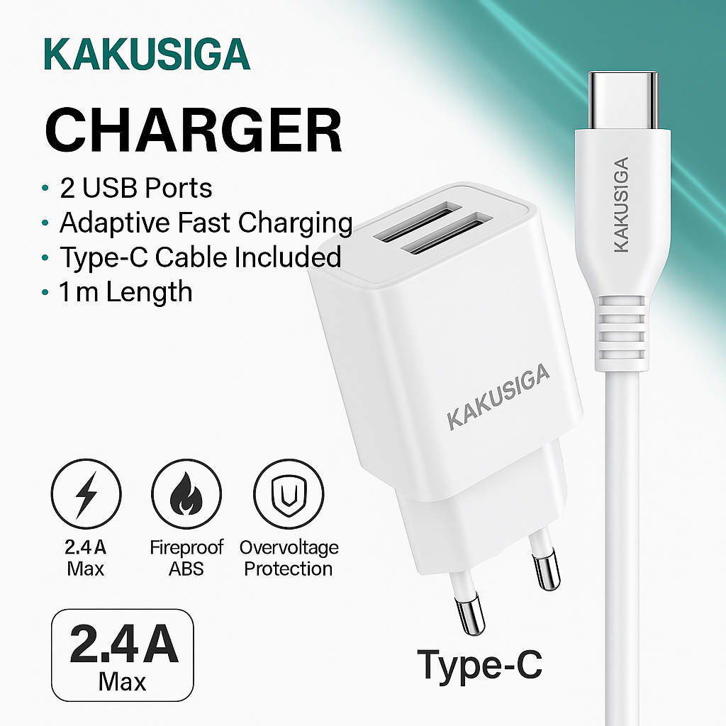 Зарядное устройство Kakusiga 2USB 2.4A | Быстрая зарядка | С кабелем Type-C | Длина 1 метр