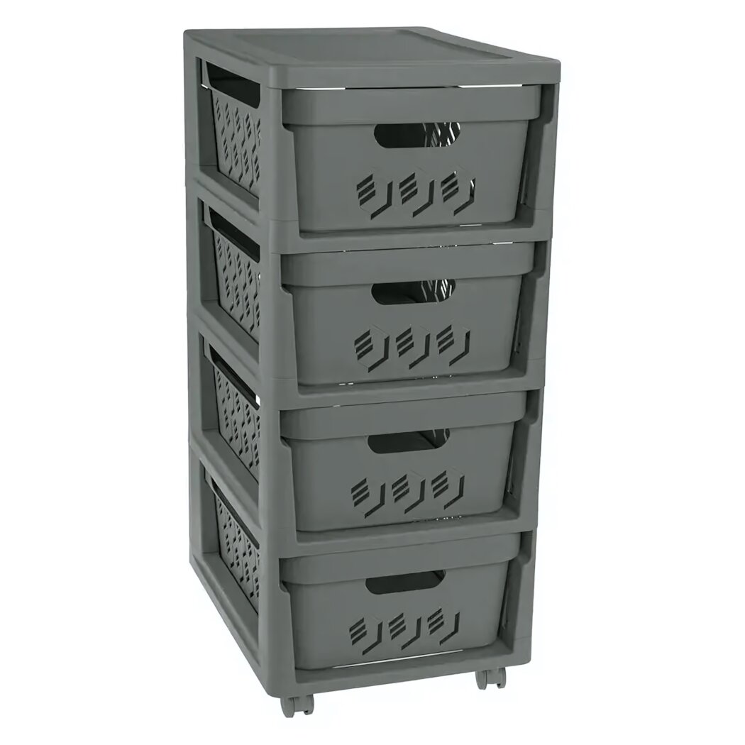 Комод пластиковый на колесах 4 ящика размер 300х690 мм серый