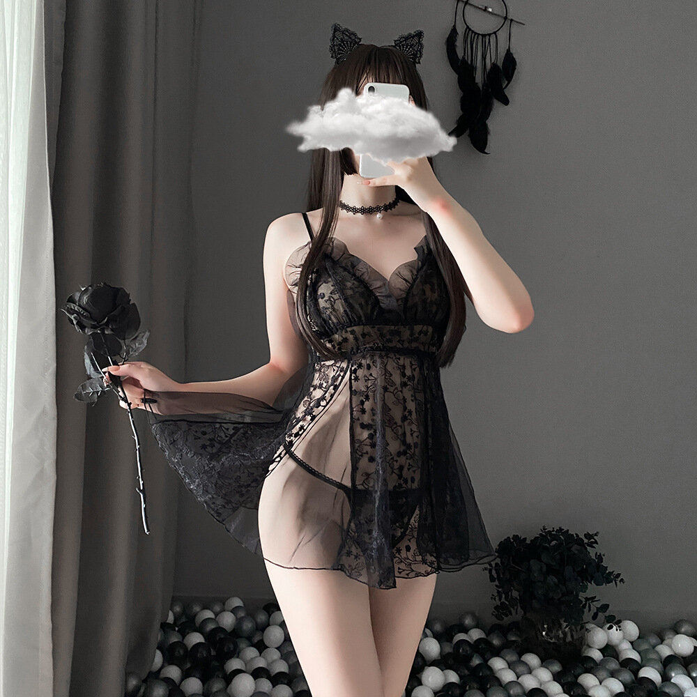 Сексуальное кружевное прозрачное нижнее белье, ночная рубашка/сексуальная ночная рубашка на бретельках/ночное платье с цветочным узором, нанесенным методом плавления воды - соблазнительный и прозрачный женский комплект