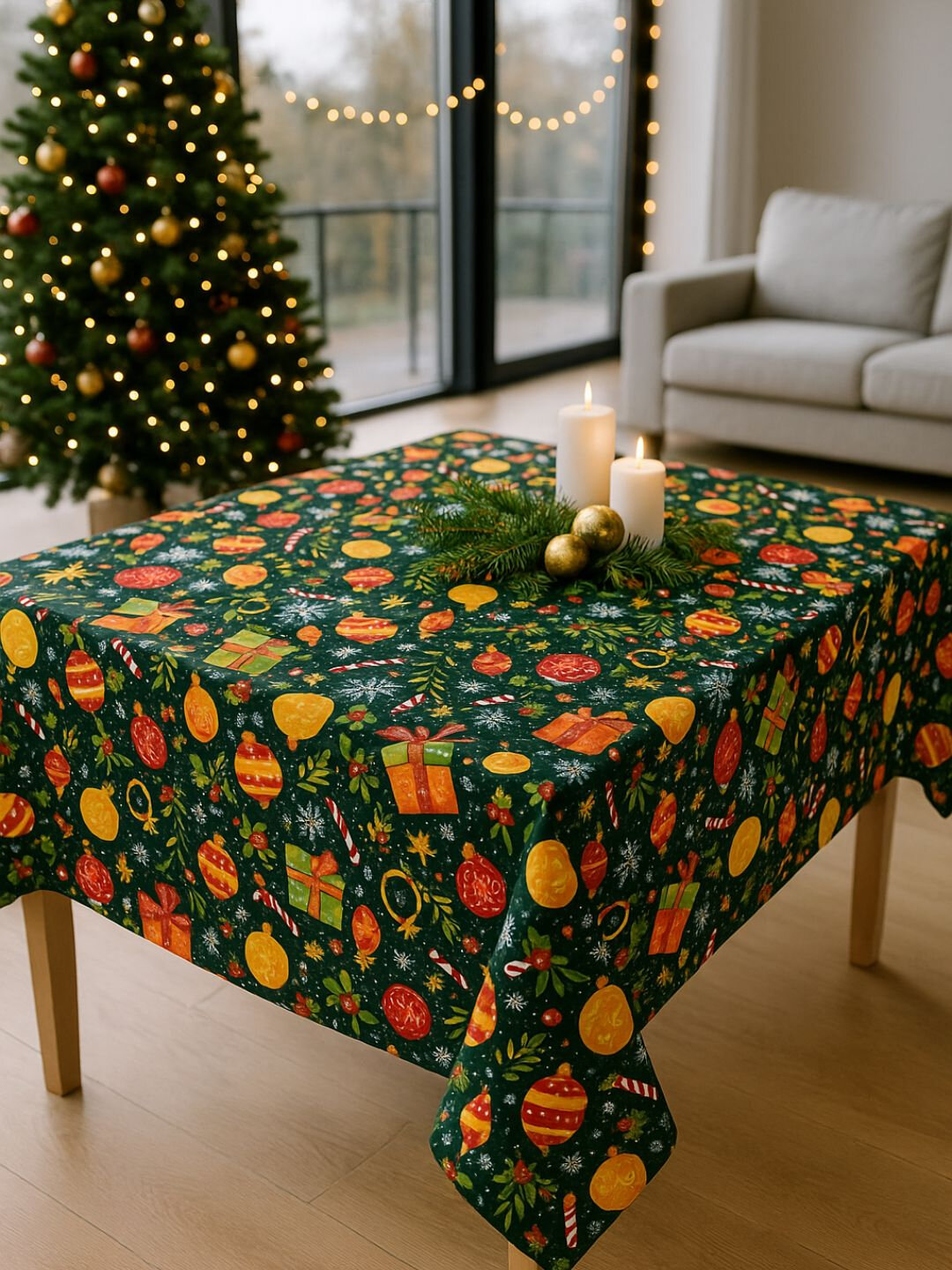 Новогодняя праздничная скатерть 180×125 см — хлопок высокой плотности - Зеленый