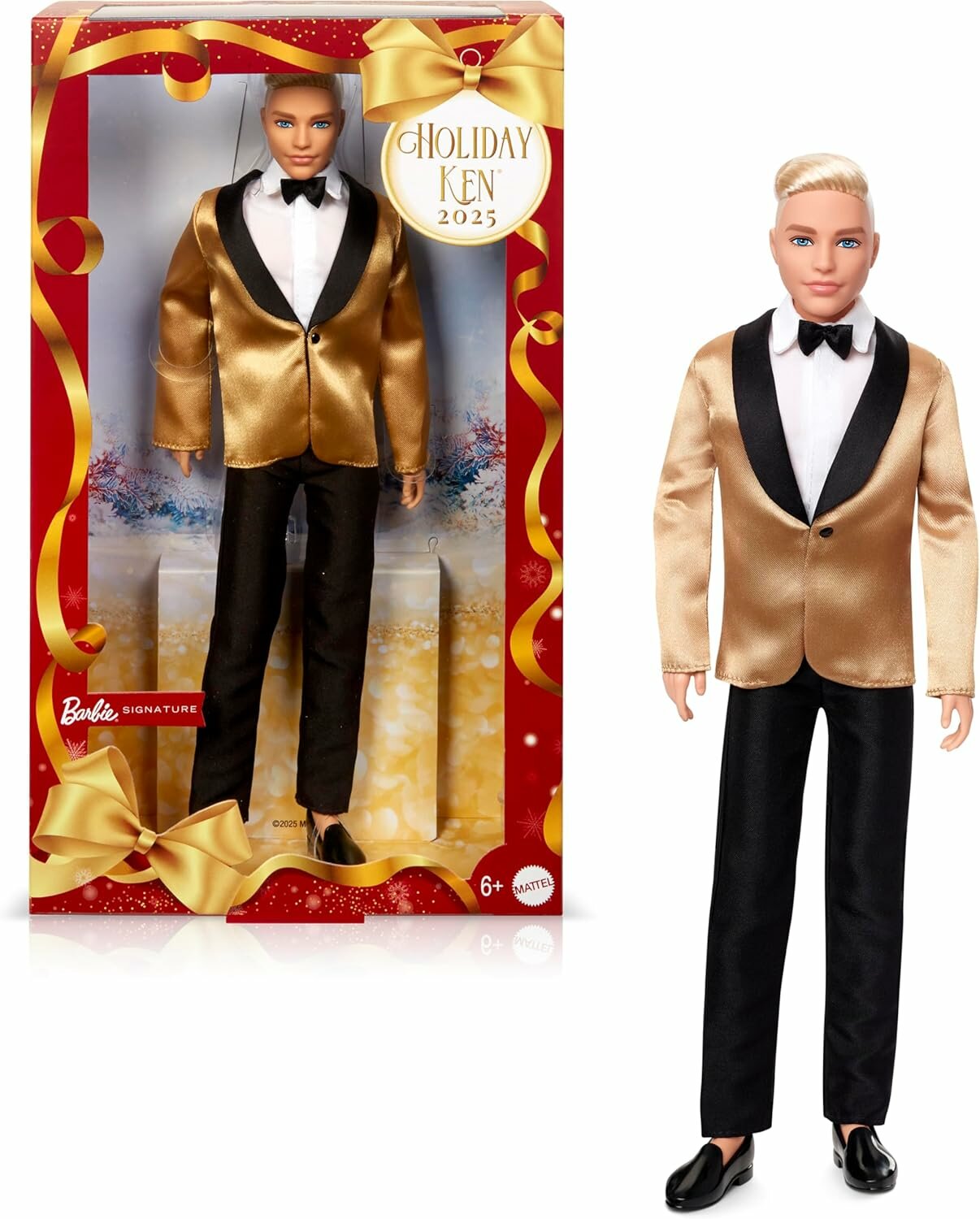 Barbie Signature 2025 Holiday Blonde Ken, золотой жакет, подставка, COA, display box