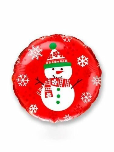 Воздушный фольгированный шар круг - 45 см с гелием на Новый год Снеговик красный