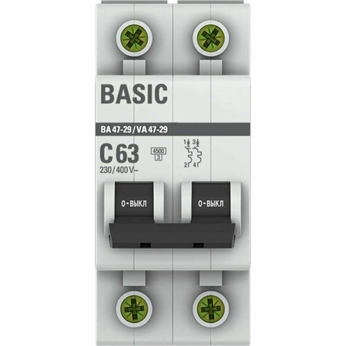 EKF Автоматический выключатель 2P 63А (C) 4,5кА ВА 47-29 Basic mcb4729-2-63C автоматический выключатель 2p 63а c 4 5ка ва 47 29 ekf basic