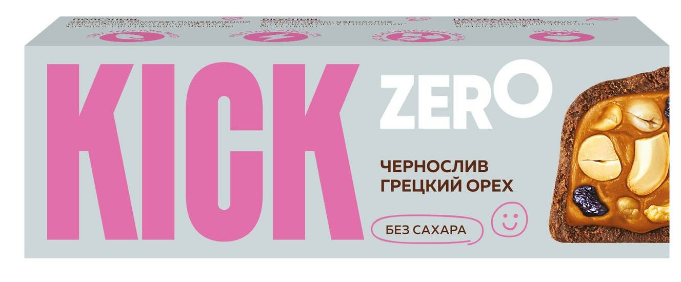 KICK ZERO Батончик Арахис, Изюм, Чернослив и Грецкий Орех в Шоколаде Без Сахара 45гр