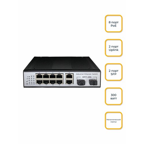 Сетевой промышленный коммутатор POE, на дин рейку, 10 портов 1000 Мб/сек POE+ 2 порта SFP 1,25Gb