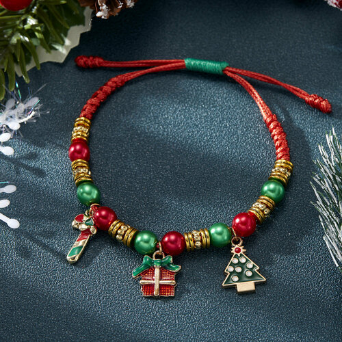 фото Плетеный браслет браслет с подвесками плетеный новый год и рождество, 1 шт., размер 18 см, размер one size, красный, зеленый сувирин