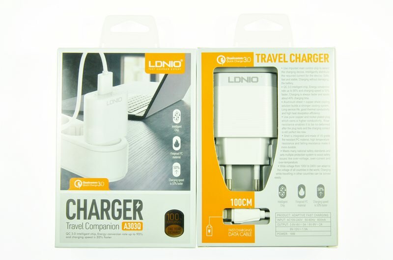 СЗУ USB LDNIO A303Q Quick Charge 3.0+кабель Lightning 3000mAh