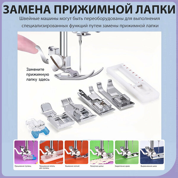 Швейная машина KaringBee FHSM-505G фиолетовый+Электрические ножницы, электрическая от сети, реверс, регулировка скорости, нитевдеватель и подсветка,12 видов строчек