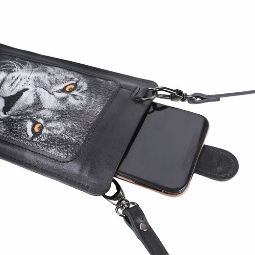 фото Сумка кросс-боди eshemoda сумочка для телефона eshemoda с принтом «серебряный лев», цвет черный 033446109, фактура гладкая, черный