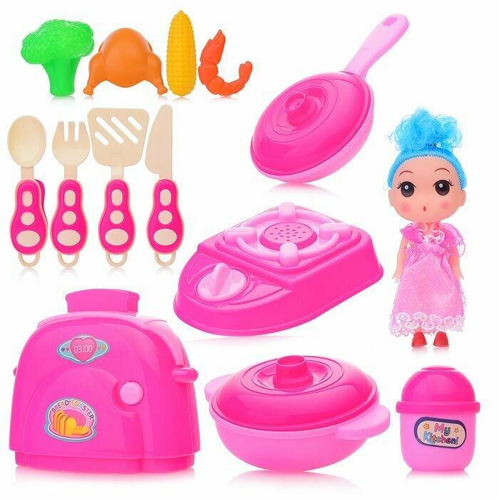 Набор игрушечной посуды Oubaoloon "Хозяюшка", с куклой и продуктами, в пакете (RM218A-9)