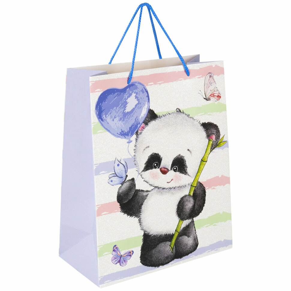 Пакет подарочный (1 штука) 26x13x32 см, золотая сказка "Lovely Panda", глиттер, белый с голубым, 608241, 12 штук, 608241