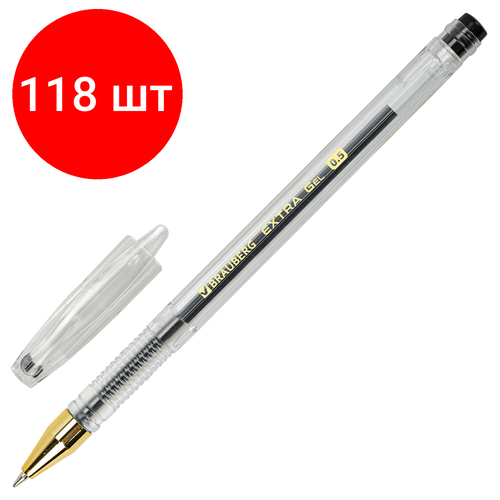 Комплект 118 шт, Ручка гелевая BRAUBERG EXTRA GLD, черная, корпус прозрачный, узел 0.5 мм, линия 0.35 мм, 143901