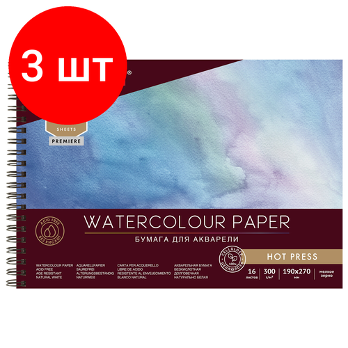 Комплект 3 шт, Альбом для акварели, бумага 300 г/м2, 190х270 мм, мелкое зерно, 16 листов, гребень, BRAUBERG ART PREMIERE, 113214 комплект 3 шт альбом для акварели бумага 300 г м2 190х270 мм мелкое зерно 20 листов склейка brauberg art premiere 113224
