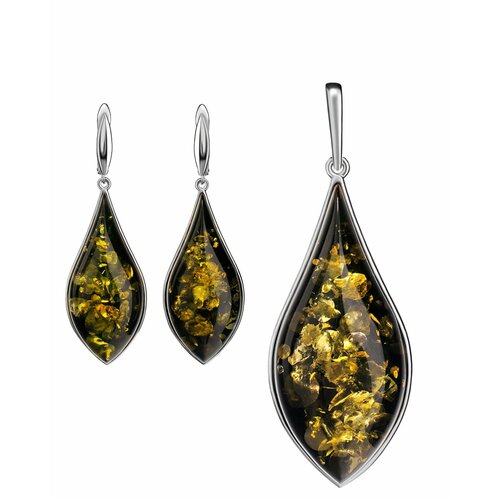 фото Комплект бижутерии: серьги, подвеска, янтарь, зеленый amberhandmade