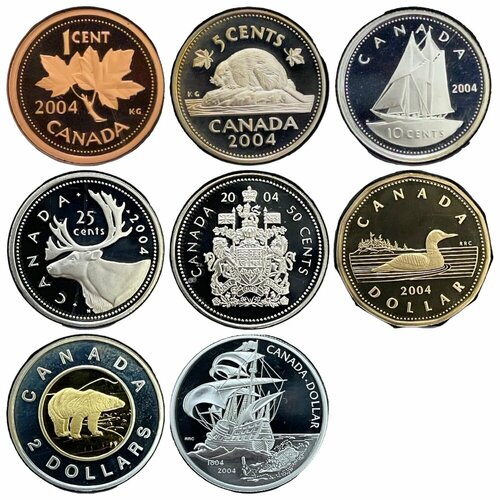 Канада, набор монет 1, 5, 10, 25, 50 центов, 1, 2, доллара Proof Set of Canadian Coinage 2004 г. монета канада 5 центов 1971 год 6 2