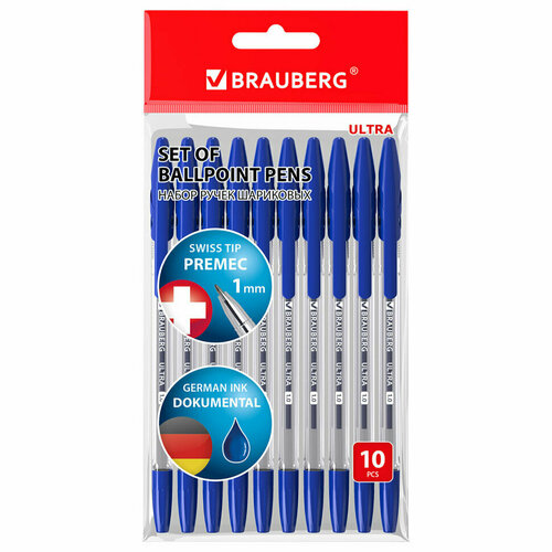 Ручки шариковые BRAUBERG ULTRA, синие, набор 10 штук, корпус прозрачный, узел 1 мм, 143570, 143570