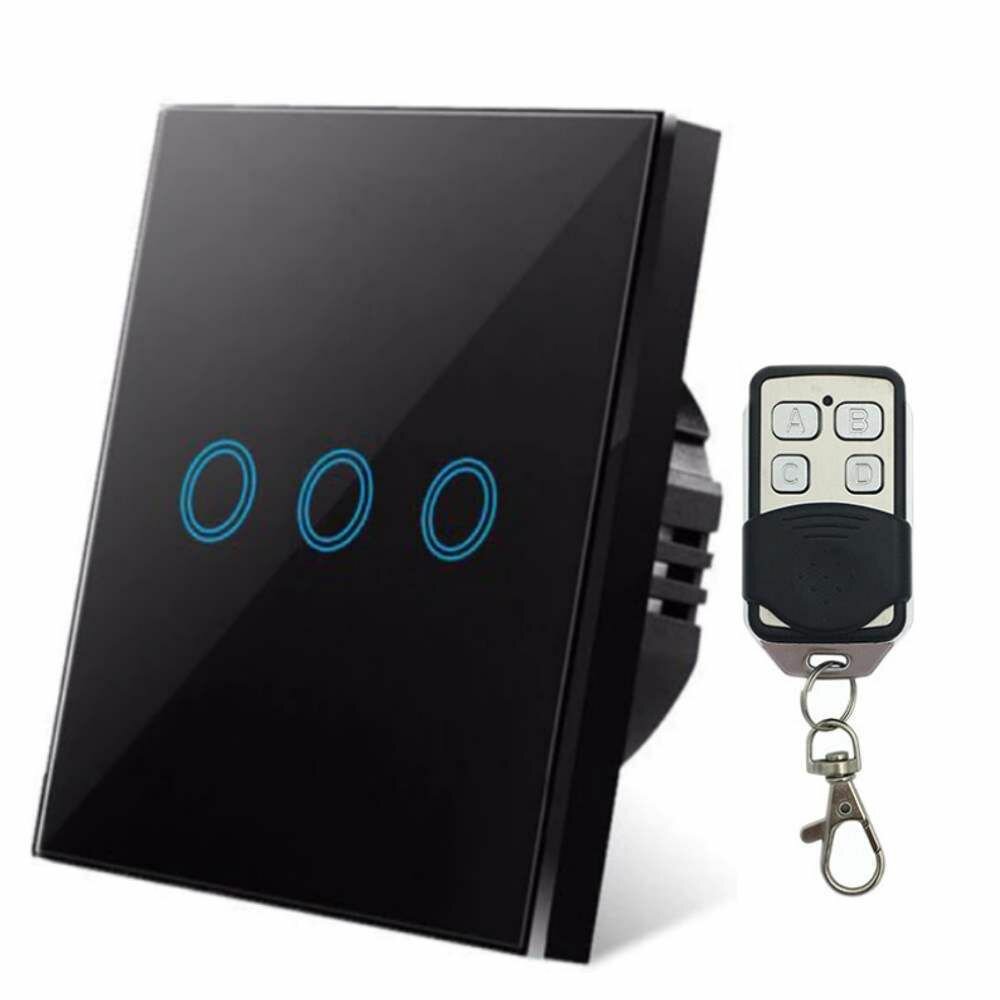 фото Сенсорный выключатель черный 3-х клавишный с функцией управления пультом ДУ 433 мГц 220 Вольт UD013