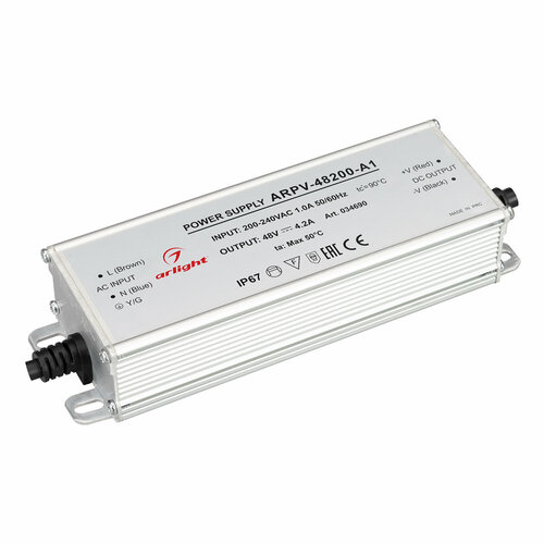 Блок питания ARPV-48200-A1 (48V, 4.2A, 200W) (Arlight, IP67 Металл, 3 года) блок питания rpv 48200 a1 48v 4 2a 200w arlight 034690