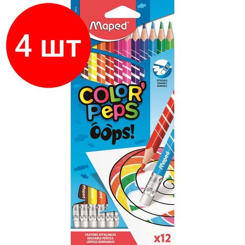 Комплект 4 наб, Карандаши цветные Maped COLOR'PEPS OOPS пластик, c ластиком,12цв/наб,832812 карандаши цветные c ластиком 12 цветов 2 шт