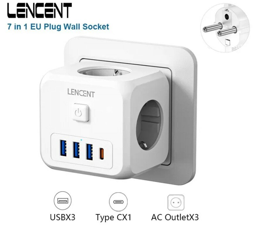 Тройник для сетевой розетки, 3 розетки с 3 USB и 1 Type-C. LENCENT.