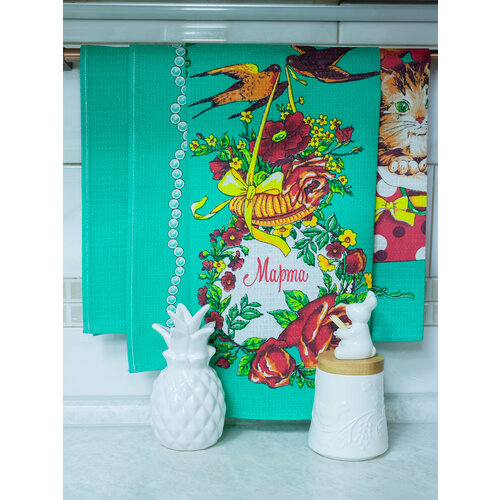 Полотенца кухонные 8 Марта вафельные - Бирюзовый набор из 4-х штук