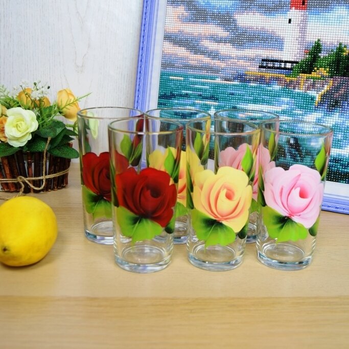 фото Набор стаканов, высокие, прозрачные с рисунком, Роза, 6 шт