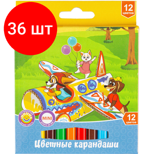 Комплект 36 наб, Карандаши цветные 12 цв 6-гран №1School Шустрики короткие, 88 мм