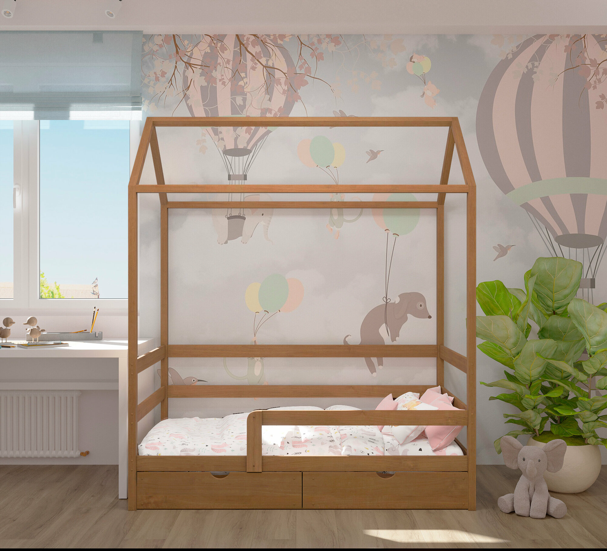 Кровать детская, подростковая "Классика", спальное место 180х90, в комплекте с выкатными ящиками и ортопедическим матрасом, масло "Орех", из массива