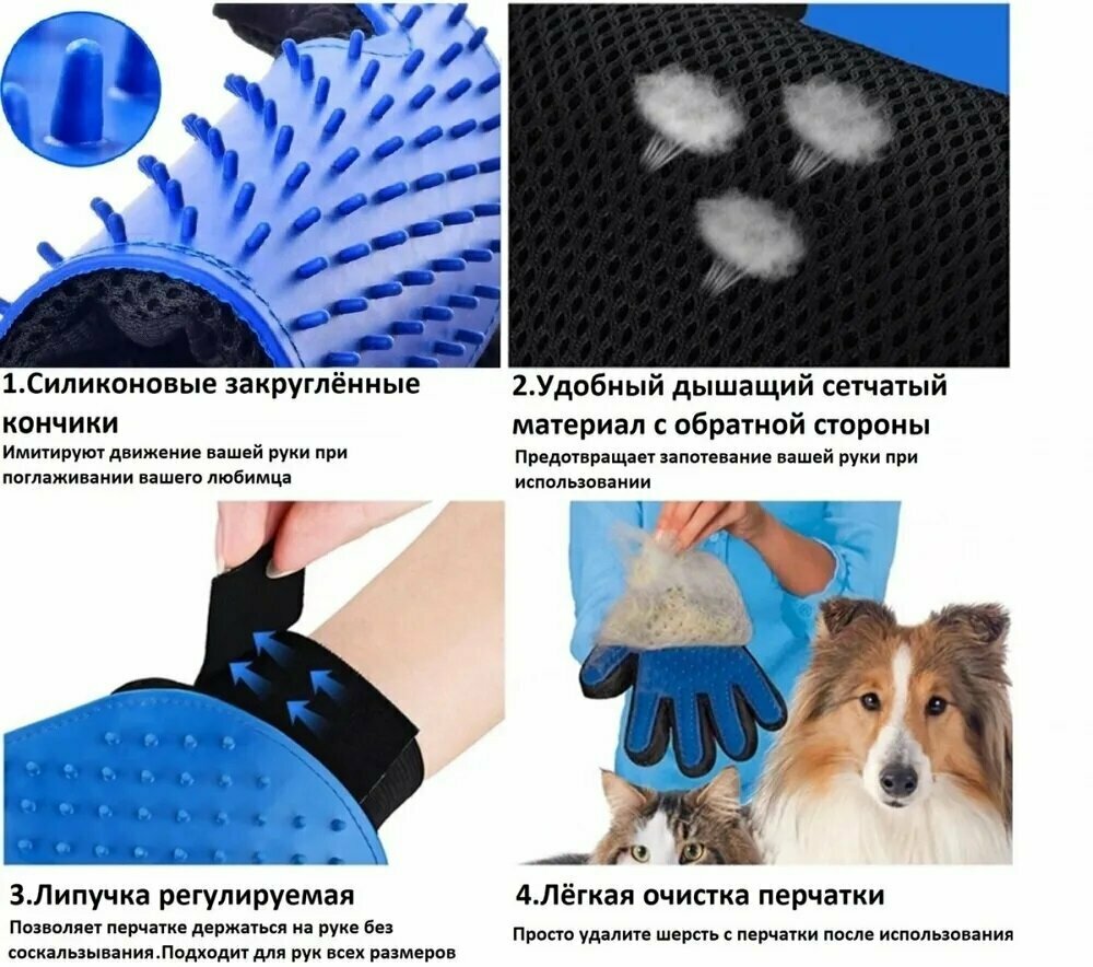 Перчатка для вычесывания шерсти домашних животных, пуходерка, чесалка для расчесывания шерсти кошек и собак True Touch, синяя