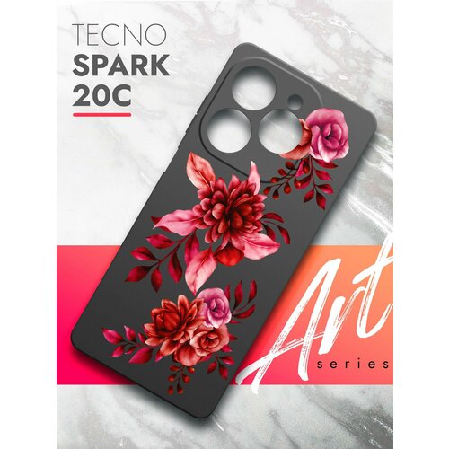 Чехол на Tecno Spark 20C (Техно Спарк 20С) черный матовый силиконовый с защитой (бортиком) вокруг камер, Brozo (принт) Гранатовые Цветы чехол на tecno spark 20c техно спарк 20с черный матовый силиконовый с защитой бортиком вокруг камер brozo принт женские штучки