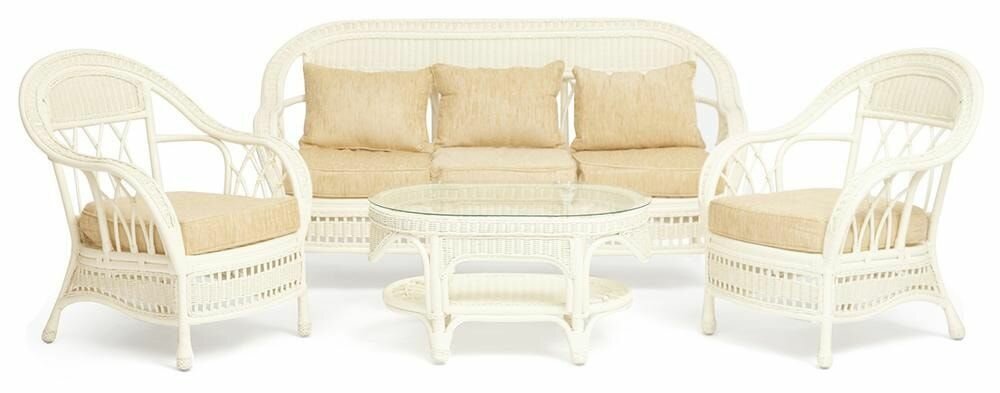 Комплект для отдыха TetChair "MICHELLE" ( стол со стеклом+ диван + 2 кресла + подушки) TCH White (белый), Ткань рубчик, цвет кремовый