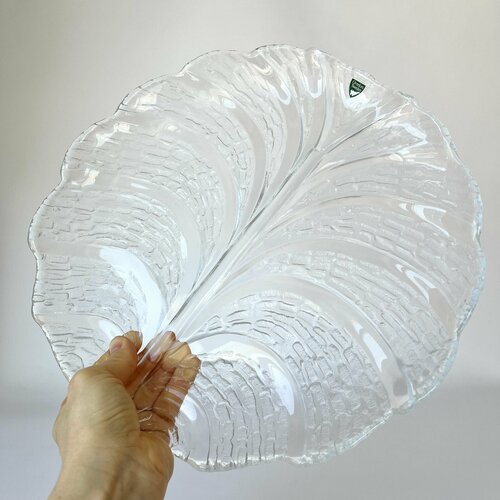 Винтажное хрустальное круглое блюдо, Orrefors, Швеция, в форме листа, 32х30х2см