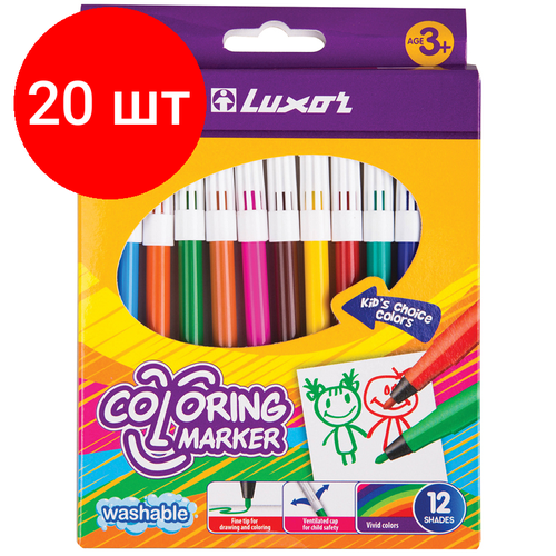 Комплект 20 шт, Фломастеры Luxor Coloring, 12цв, смываемые, картон, европодвес