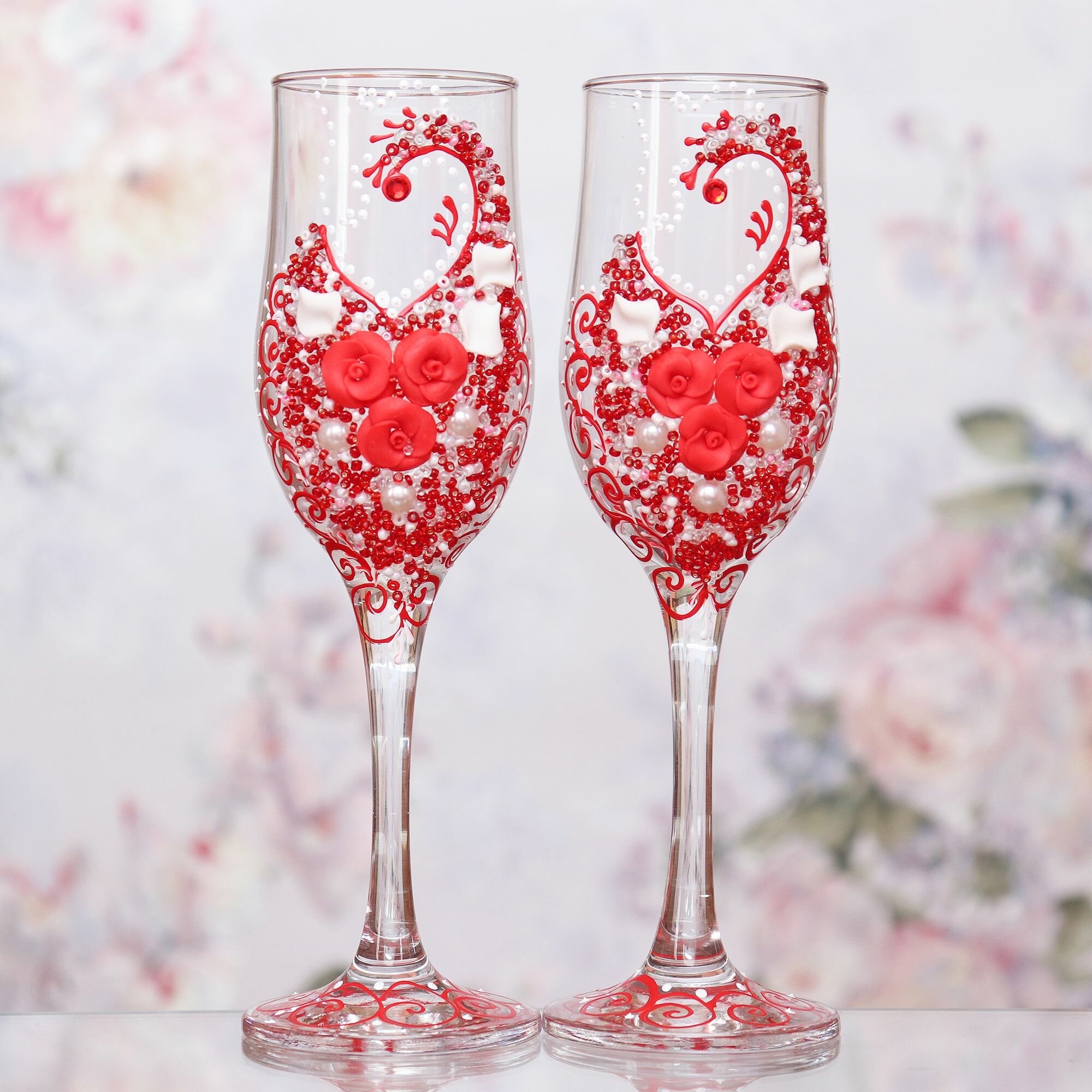 Свадебные бокалы для молодоженов "Сердце Красное", бокалы для шампанского