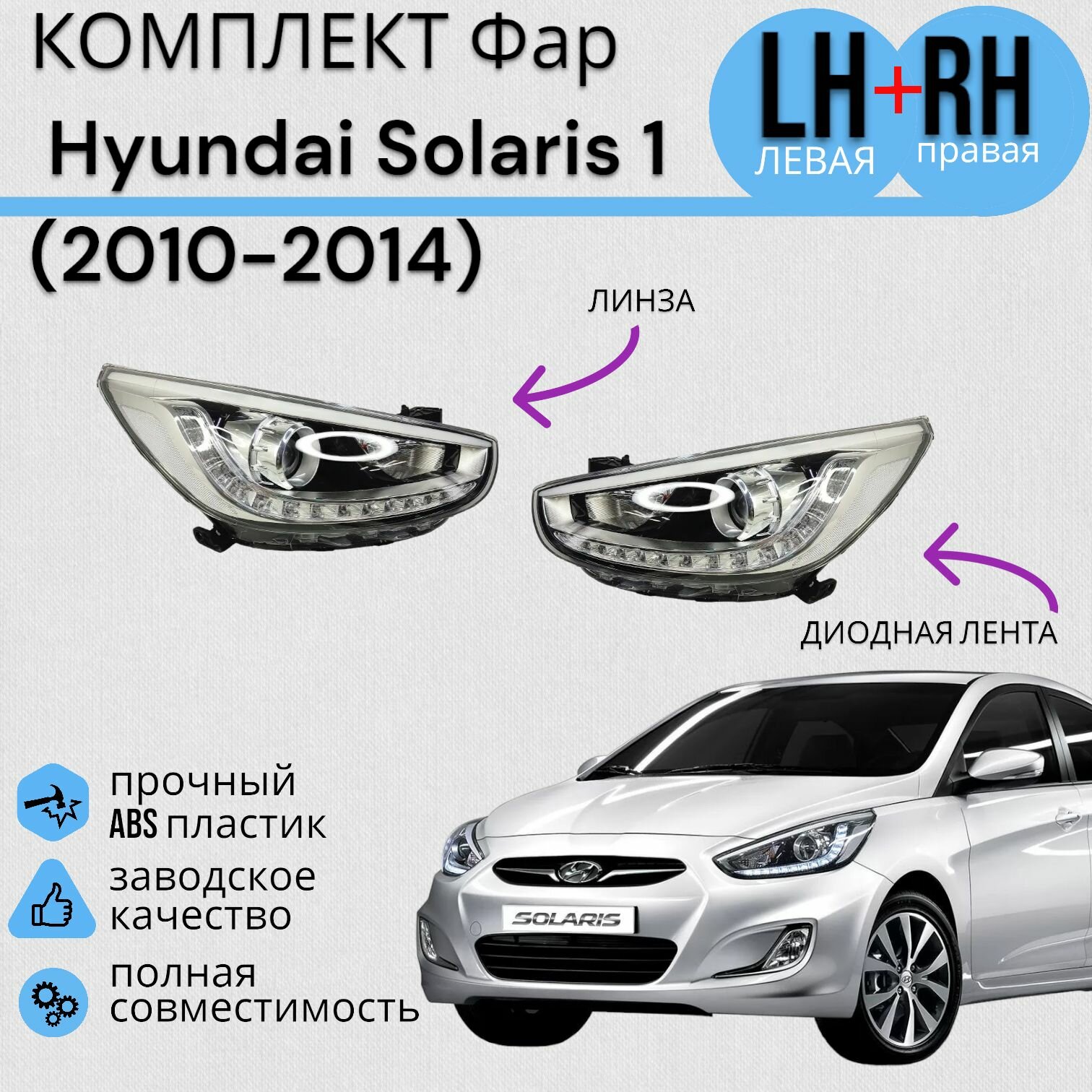 Комплект ФАР Hyundai Solaris 1 Хендай Солярис (2010-2014) линза+Диодная лента левая+правая