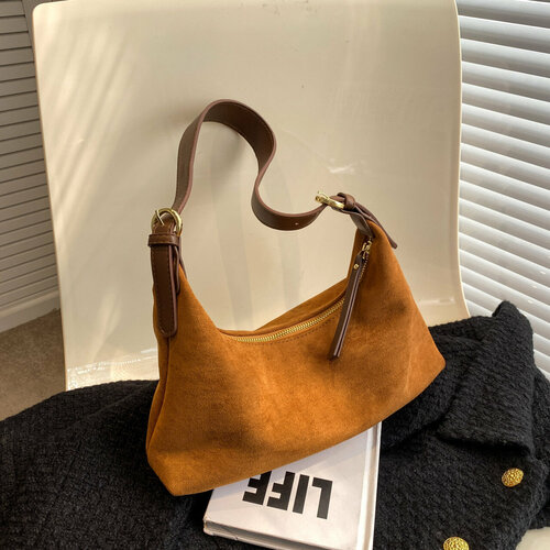 Сумка хобо ECS, фактура бархатистая, светло-коричневый