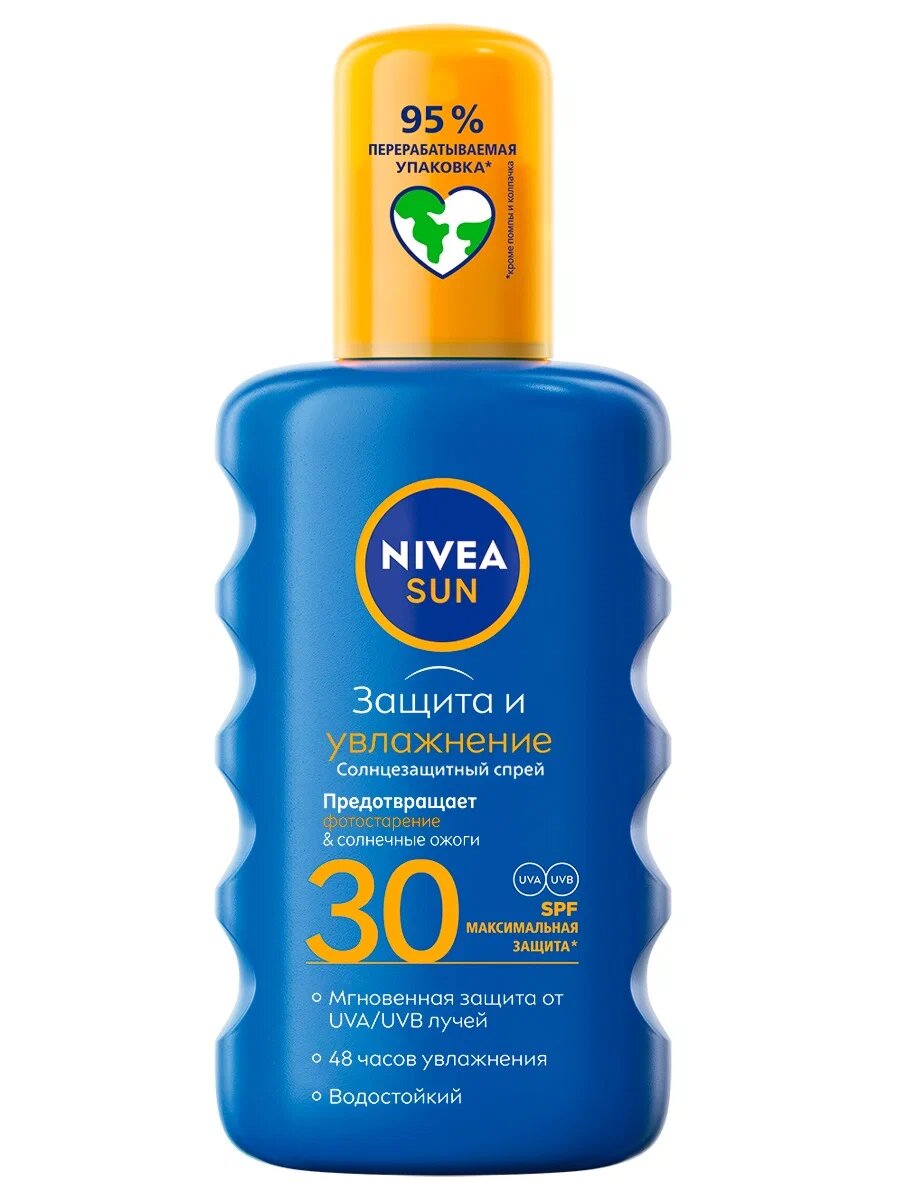 Nivea Солнцезащитный спрей Защита и увлажнение SPF 30, 200 мл