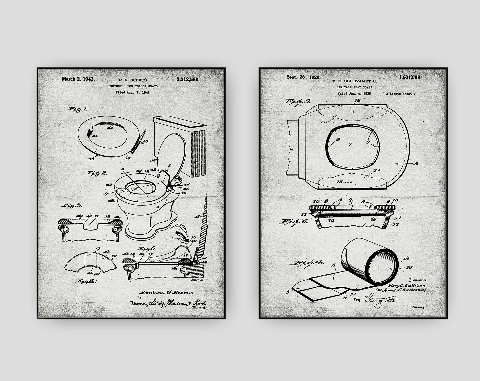 фото Набор постеров со старинными патентами для туалета размер А3, без рамы. 2 репродукции винтаж патентов 1926 г. для ванной комнаты и в подарок на новоселье (винтаж серый)