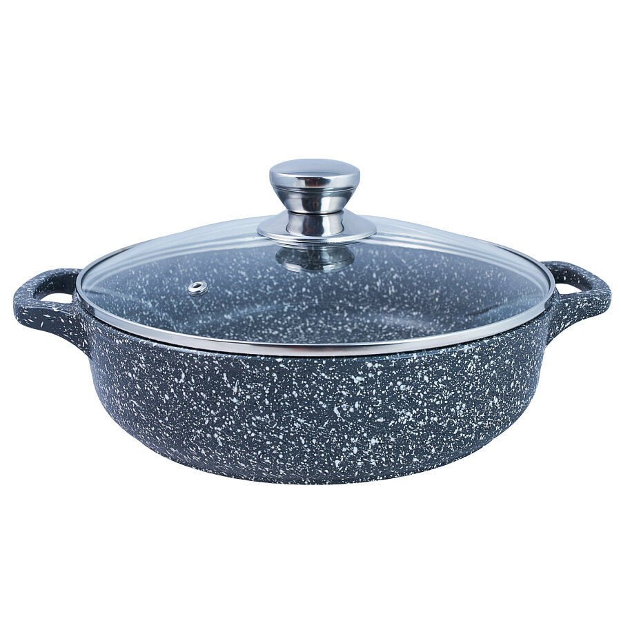 фото Жаровня литая 26см стеклянная крышка Мрамор ТМ Традиция, ТМ9263