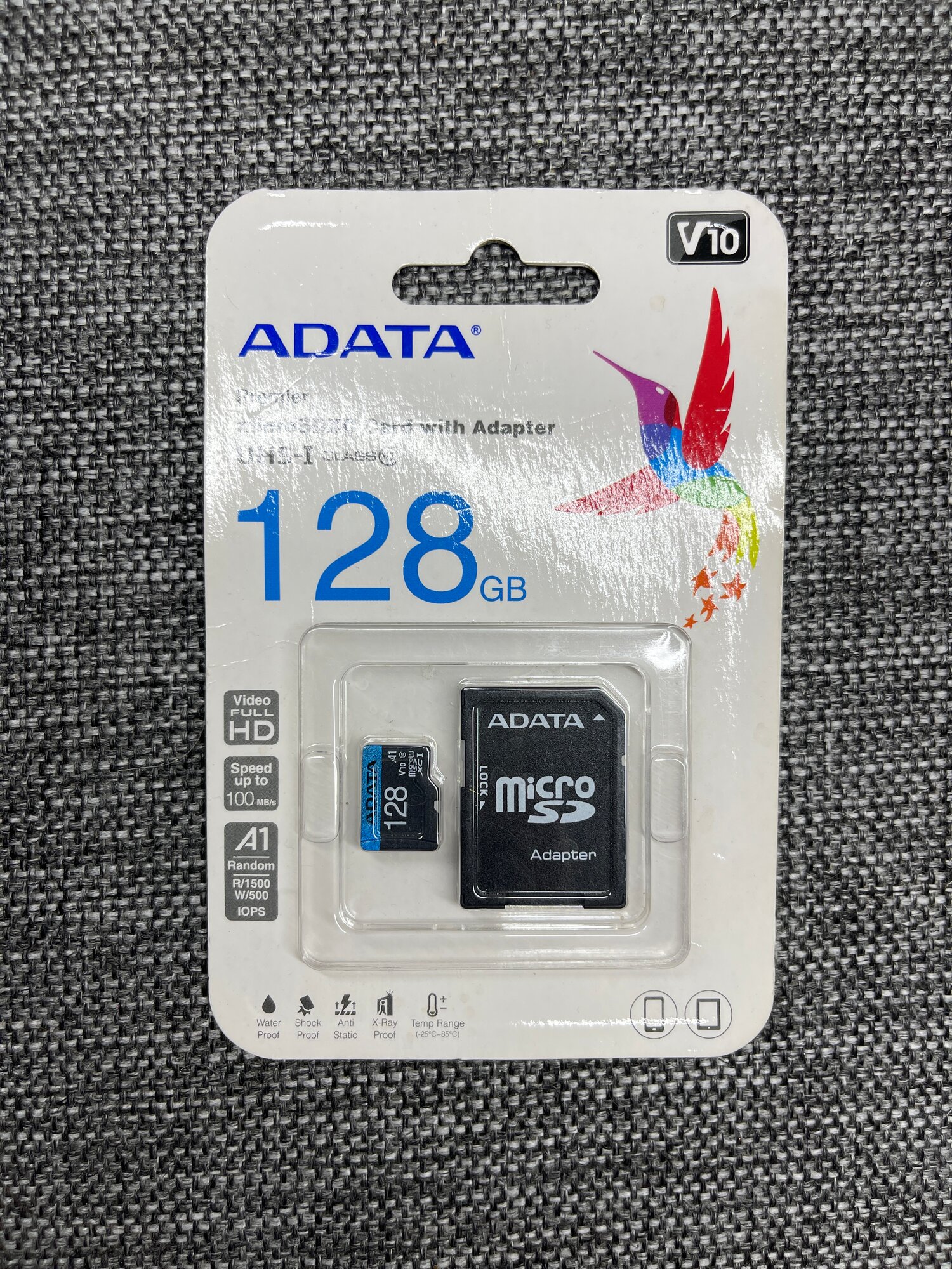 Карта памяти ADATA microSDXC 128 ГБ Class 10, V10, A1, UHS Class 1, R/W 100/25 МБ/с, адаптер на SD, 1 шт, черный