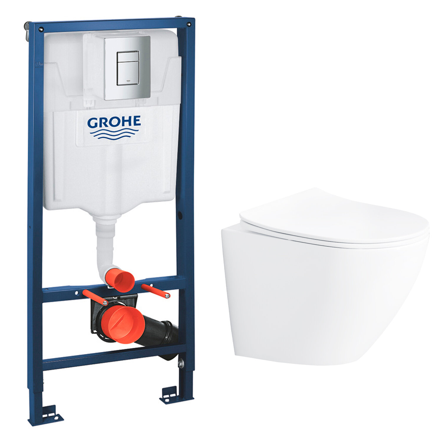 фото Инсталляция с подвесным унитазом Helmken 35490101 комплект 3 в 1: подвесной безободковый унитаз, сиденье микролифт, инсталляция Grohe с кнопкой смыва