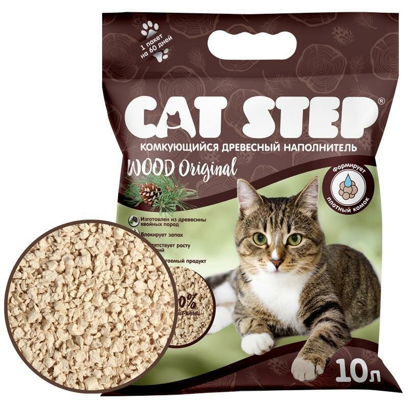 Наполнитель комкующийся растительный CAT STEP Wood Original, 10 л — фото 1