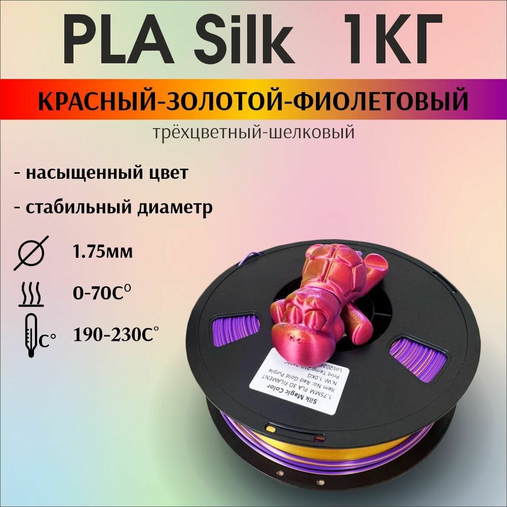 Пластик для 3D печати PLA Silk трехцветный, радужный, шелковый. 1кг