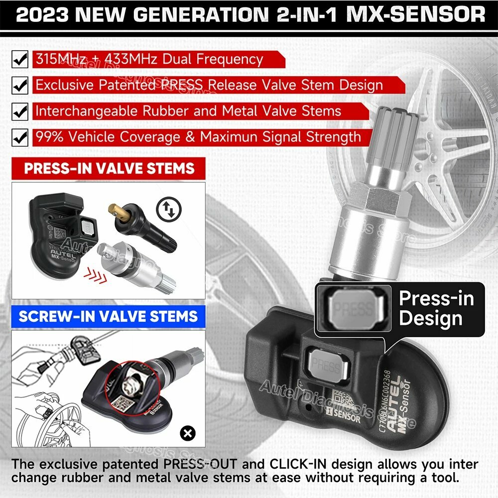 Autel 2 в 1 MX-Sensor TPMS датчики 315 МГц + 433 МГц 100% клон-able работа с TS508WF Autel TPMS инструменты Мониторинг давления в шинах, 8pcs Metal — фото 1