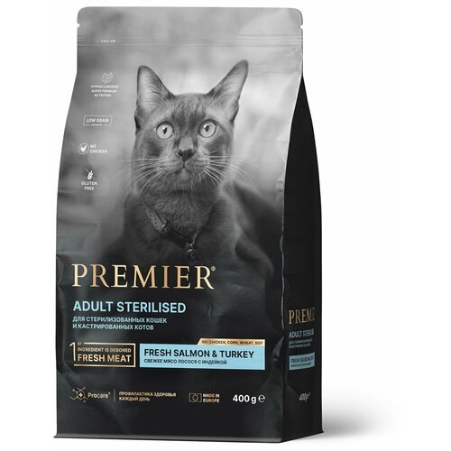 Корм для стерилизованных ​кошек Premier Cat Salmon & Turkey​​ STERILISED​, лосось с индейкой 400 гр